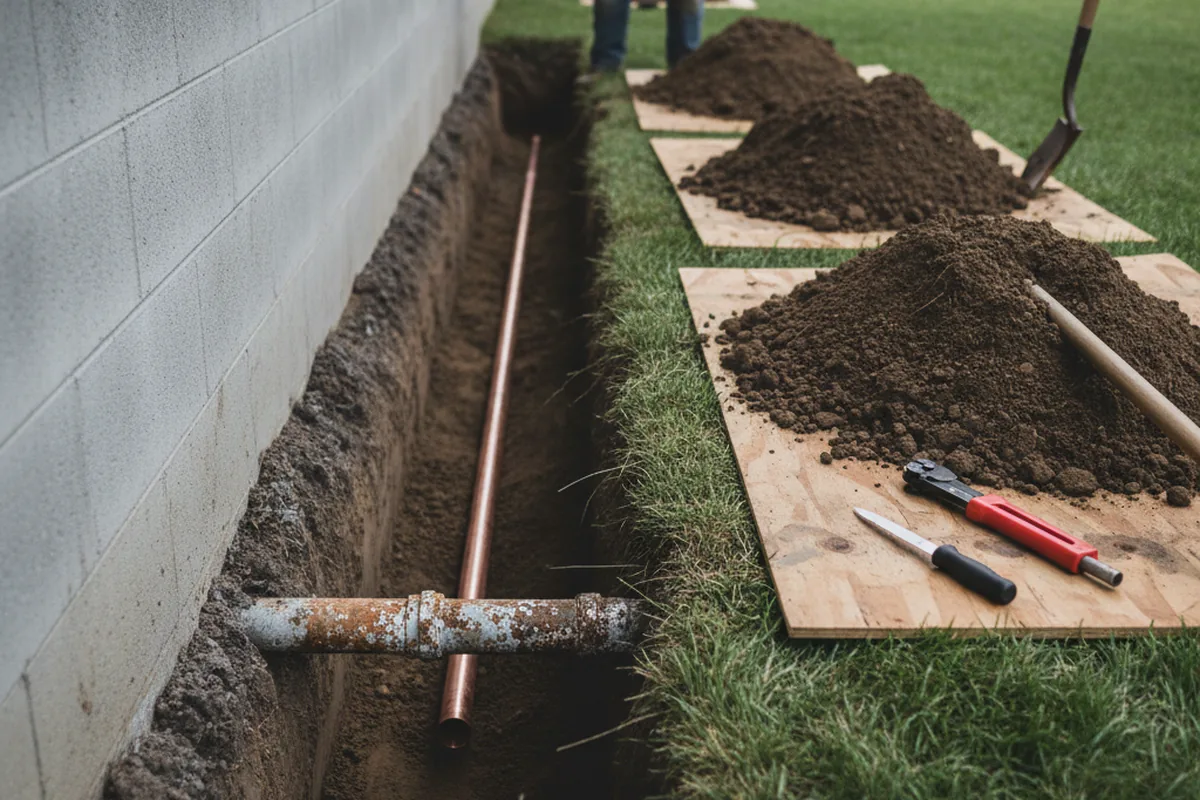 Excavated water line trench during Water Softener Installation in Moore